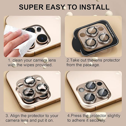 beuxece Compatible for iPhone 16 Pro/iPhone 16 Pro Max Camera Lens Protector, Bling Metal Tempered Glass Camera Screen Cover [Strong Adsorption][Case-Friendly]- Glitter Deep Titanium Desert
