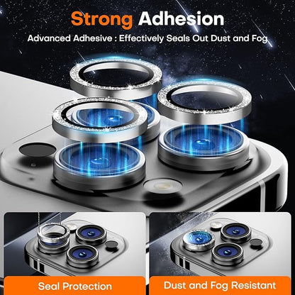 Camera Lens Protector for iPhone 16 Pro Max/16 Pro/15 Pro Max/15 Pro/14 Pro Max/14 Pro, Sapphire Glass Metal Individual Camera Cover Screen, Anti-drop, Case Friendly- Glitter White Titanium