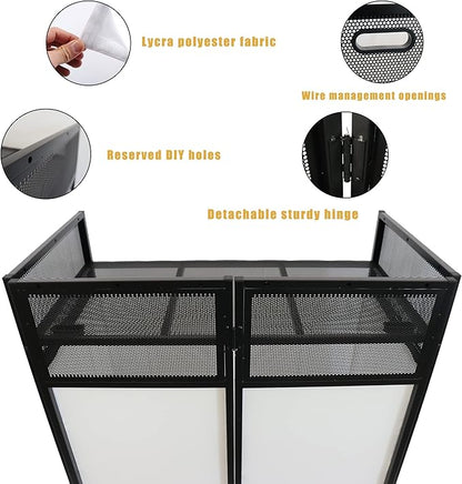 Portable DJ Booth DJ Facade DJ Table Station Two-position Height Adjustable Tabletop DJ Table Stand DJ Event Booth w/Travel Bag Black&White Scrims For Gig, Party, Show