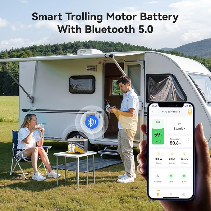 Power Queen 24V50Ah LiFePO4 Battery with Bluetooth 5.0 Remote Control, Low-temperature Protection, 1280Wh Energy, Deep Cycle Lithiumn Battery for 24V Trolling Motor Up To 100 lbs