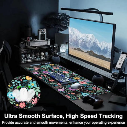 Mouse Pad, Large Colorful Flowers and Plants Desk Mat, Extended Non-Slip Gaming Keyboard Mousepad Desk Pad, Thick Stitched Edges Waterproof Mouse Mat 31.5"x15.7" (Beautiful Floral)