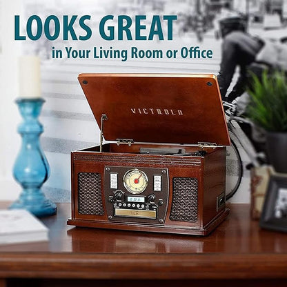 Victrola Aviator 8-in-1 Bluetooth Record Player & Multimedia Center with Built-in Stereo Speakers - 3-Speed Turntable, Vinyl to MP3 Recording, Wireless Music Streaming, Mahogany