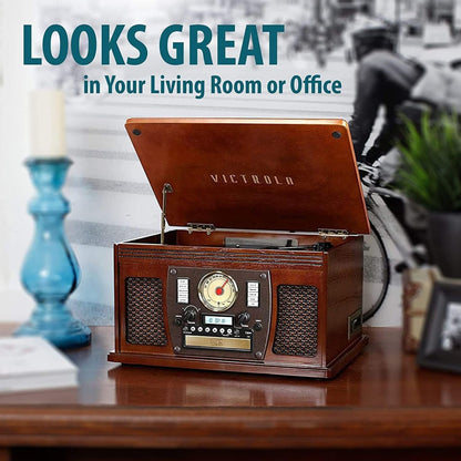 Victrola Aviator 8-in-1 Bluetooth Record Player & Multimedia Center with Built-in Stereo Speakers - 3-Speed Turntable, Vinyl to MP3 Recording, Wireless Music Streaming, Mahogany