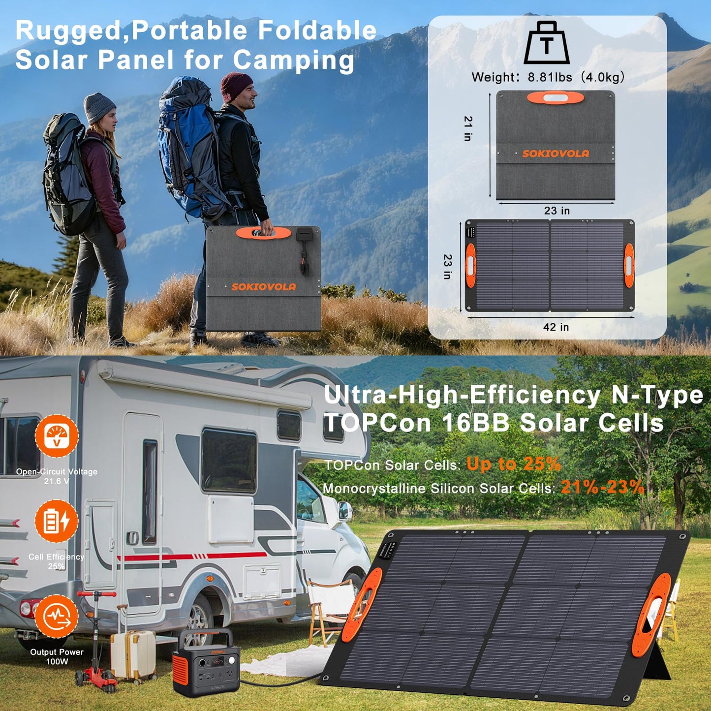 SOKIOVOLA N-Type 16BB 100W Portable Solar Panel 18V ETFE Portable Foldable Solar Charger NextGen 25% High Conversion Folding Solar Panel for Camping Outdoor RV