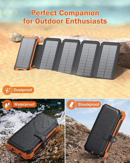 GOODaaa Power Bank Wireless Charger 36800mAh Solar Charger with Five Solar Panels Built-in Four Cable Five Outputs Portable Power Bank for Cell Phone with Dual Flashlights, Carabiner