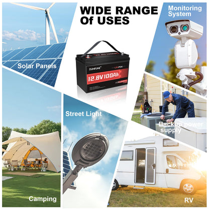 Dumfume 12V 100Ah LiFePO4 Lithium Battery Built-in 100A BMS, Group 31 Rechargeable Battery 6000+ Cycles 1280Wh Perfect for RVs MotorHomes, Camper, Solar System, and Off-Grid