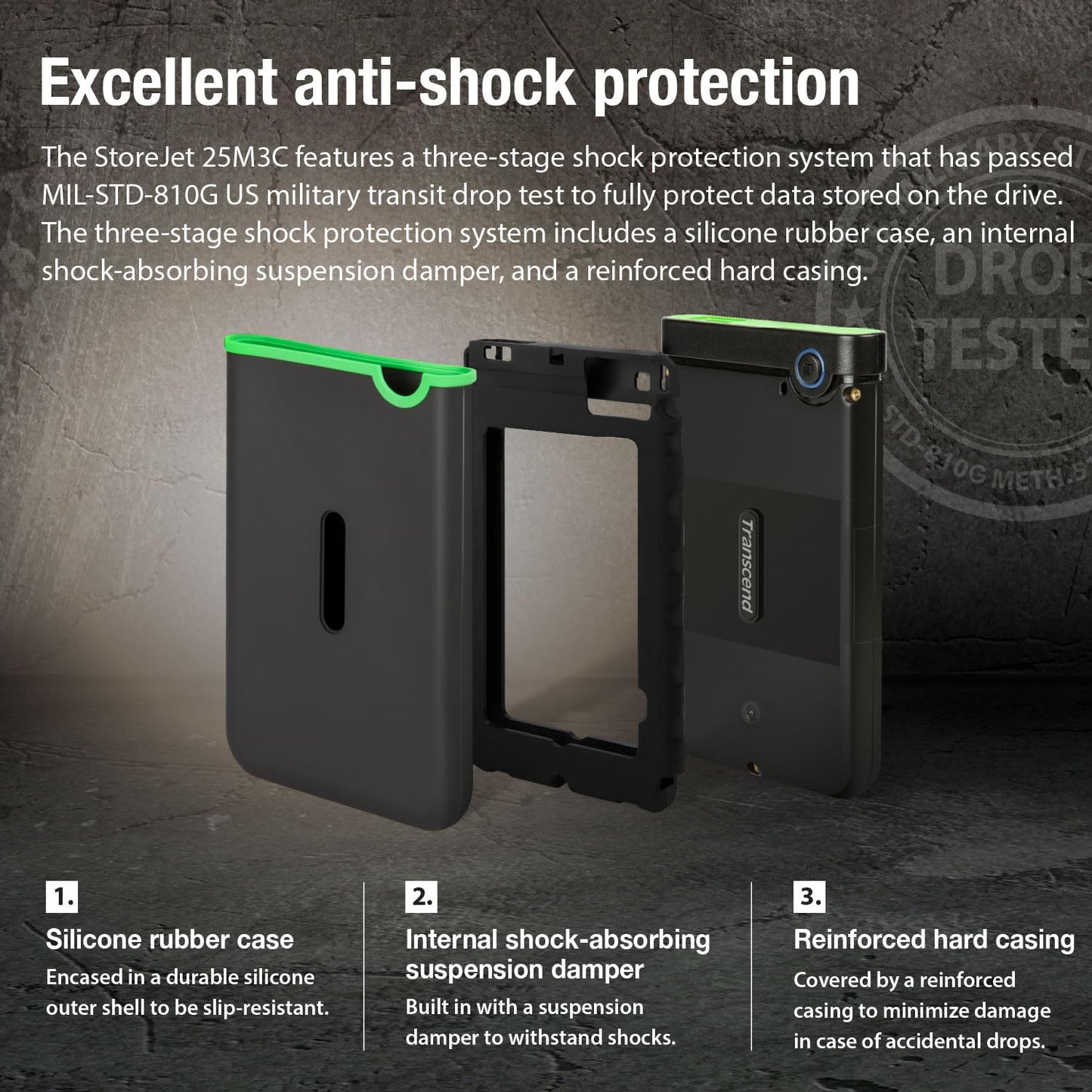 Transcend StoreJet 2TB Rugged External Hard Drive, for PS4/PC/Mac/Desktop, Laptop/Xbox One/Xbox 360, USB3.1Gen1(5Gbps) Type-C Portable HDD/One Touch Auto-Backup Button/Anti-Shock Resistant-TS2TSJ25M3C