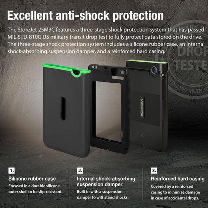Transcend StoreJet 2TB Rugged External Hard Drive, for PS4/PC/Mac/Desktop, Laptop/Xbox One/Xbox 360, USB3.1Gen1(5Gbps) Type-C Portable HDD/One Touch Auto-Backup Button/Anti-Shock Resistant-TS2TSJ25M3C