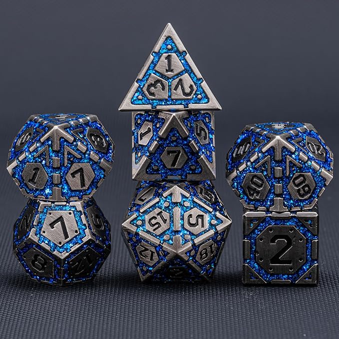 DND Metal Dice Set, Polyhedral Dice Set for RPG D&D Dice with Cracks Dungeons and Dragons Dice Set for RPG TTRPG D&D Die with Gift Case(Antique Nickel Blue)