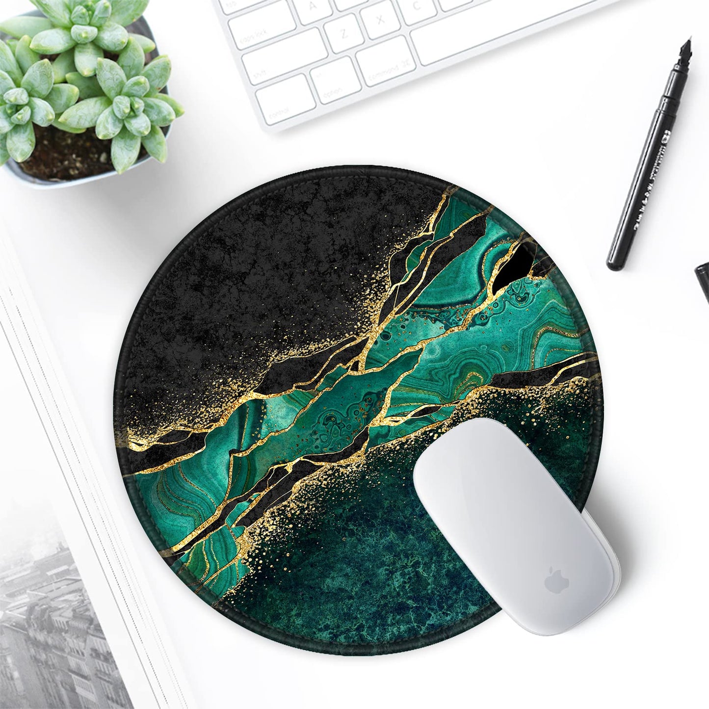 ITNRSIIET Round Mouse Pad with Stitched Edge Premium-Textured Waterproof Non-Slip Rubber Base Desktop Protection Mat Diameter 8.7 inches, Green Marble Gold