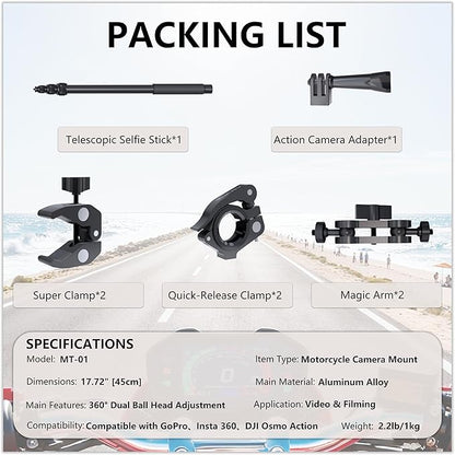 Motorcycle Camera Mount for Insta 360 x5,Adjustable GoPro Bike Extension Pole Kit Compatible with Insta360, GoPro, and DJI Cameras - Designed for Bike and Motorcycle Riding Shots