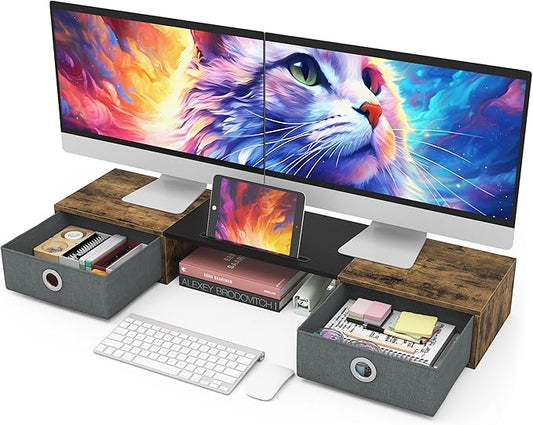 WESTREE Dual Monitor Stand Riser with Two Drawers, Extra Large Storage Monitor Stand for 2 Monitors, Desktop Organizer Stand Storage for Computer,Laptop,Screen,Printer,TV