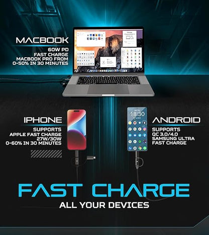 Futurizta Tech [Upgraded] Zeus-X 6-in-1 Universal Multi Cable (10ft/3m) Fast Charging 60W Laptop PD, QC3.0 & 27W iPhone Fast Charging & Data Sync, Military Grade Braided with Cable Organizer Strap