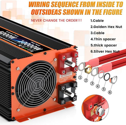 5000 Watt Pure Sine Wave Power Inverter 12V DC to 110V 120V Converter for Family RV Off Grid Solar System Car with Type-C Ports 4 AC Power Outlets Dual USB Ports LCD Display and Remote Control