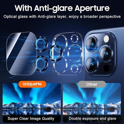 UniqueMe Compatible for 3 Pack iPhone 15 Pro/iPhone 15 Pro Max Camera Lens Protector, [Drop Protection] [Case Friendly] 9H Tempered Glass Camera Cover Screen [2023 New Version]- Blue