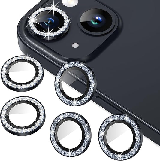 AGVEE 3+3 for iPhone 14 6.1" / 14 Plus 6.7" Camera Lens Protector, Bling Diamond & Bling Glitter Metal Ring 9H Tempered HD Glass Camera Protector Cover Film, Bling-Black
