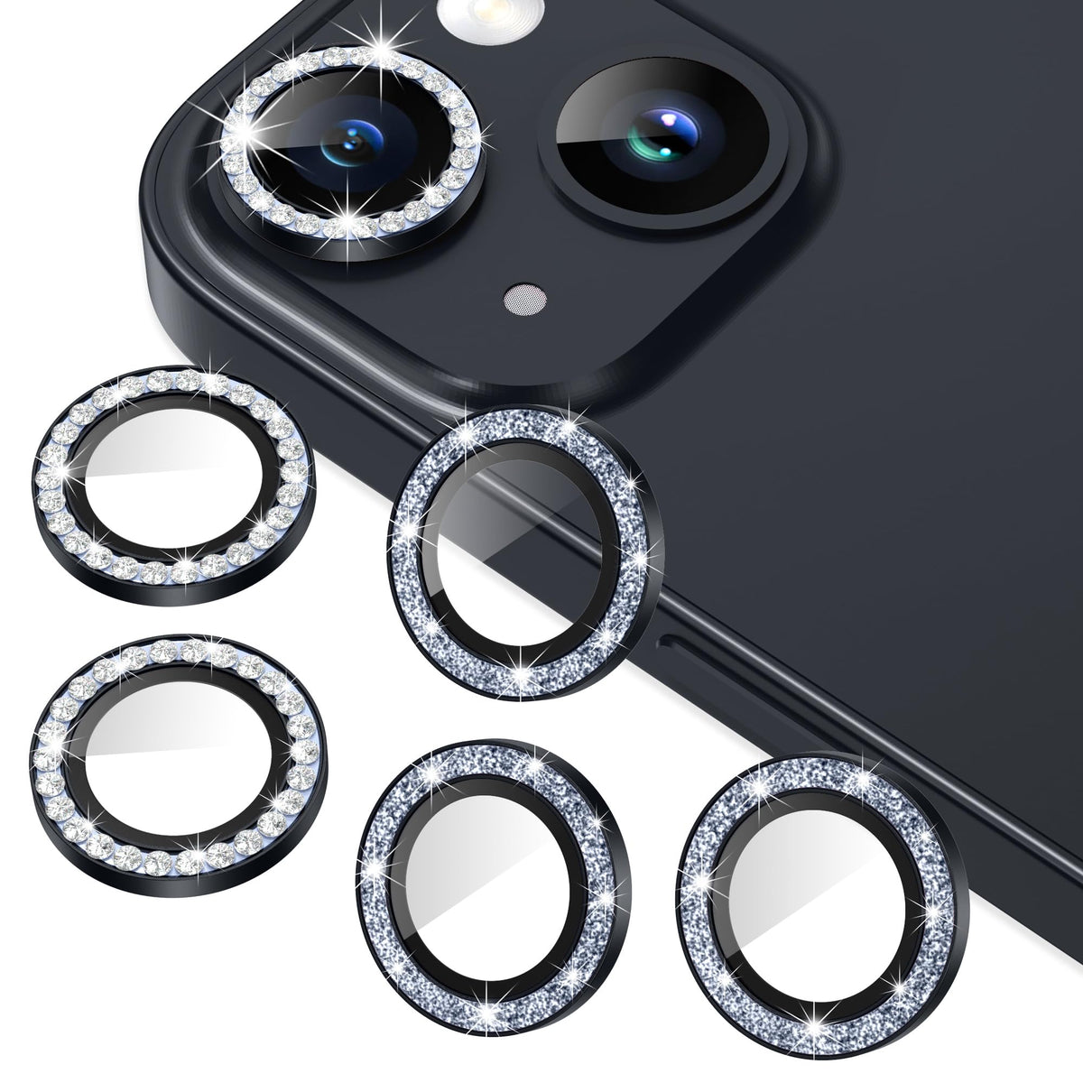AGVEE 16 Pro & Max 3+3 6 Pack for iPhone 13 6.1" / 13 Mini 5.4" Camera Lens Protector, Bling Diamond & Bling Glitter Metal Ring 9H Tempered HD Glass Camera Cover Film, Glitter-Desert