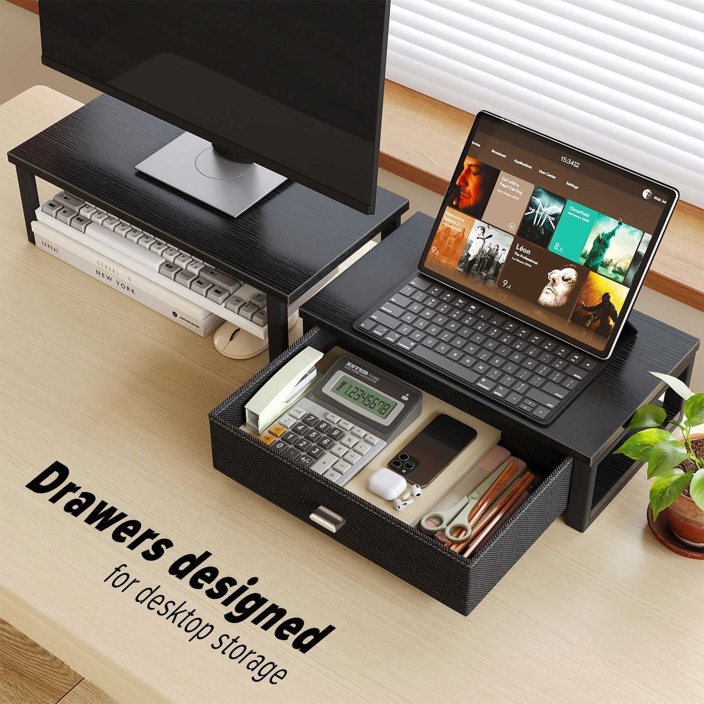 WOHOMO Dual Monitor Stand Riser with Drawers, Wood Desk Organizers for 2 Monitors, Desktop Storage Stand for Computer, Laptop, Black