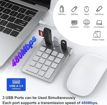 Wired USB C/A Number Pad - Numeric Keypad & Hub with 3 USB2.0 Ports - Portable Slim 18 Key Number Keypad Keyboard for Laptop PC Pad Surface MacBook, Wired Numeric Keypad with Type C & USB Cable 1.6Ft