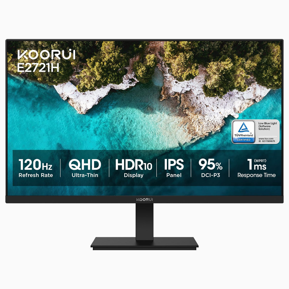KOORUI 27 Inch QHD (2560x1440) IPS HDR Ultra-Thin Computer Gaming Monitor, 120Hz Refresh Rate, DCI-P3 95%, FreeSync & G-Sync, 1ms MPRT, VESA 100x100mm, Tilt Adjustable for Game and Work, E2721H