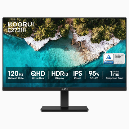 KOORUI 27 Inch QHD (2560x1440) IPS HDR Ultra-Thin Computer Gaming Monitor, 120Hz Refresh Rate, DCI-P3 95%, FreeSync & G-Sync, 1ms MPRT, VESA 100x100mm, Tilt Adjustable for Game and Work, E2721H