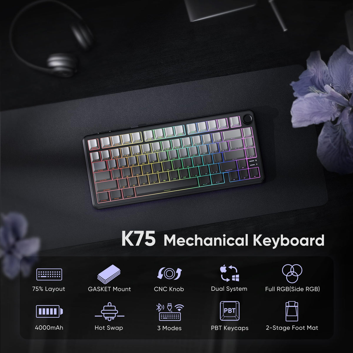 RedThunder K75 Wireless Mechanical Gaming Keyboard with Knob, 75% Layout Creamy Keyboard with Side RGB Light, Pre‑lubed Linear Switches, Side‑engraved PBT Keycaps, Wireless Wired BT 5.0, Gradient Gray