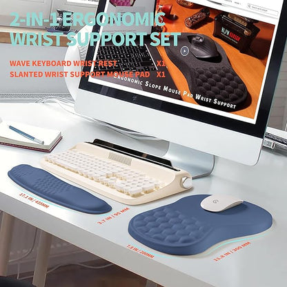 2-in-1 Ergonomic Set, Wave Rise Keyboard Wrist Rest and Massage Bulge Slope Mouse Pad Wrist Support, Cushion Memory Foam Integrated to Relieve Wrist Pain, Dark Blue