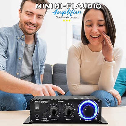 Pyle Home Mini Audio Amplifier - 60W Portable Dual Channel Surround Sound HiFi Stereo Receiver w/ 12V AC Adapter, AUX, MIC IN, Supports Smart Phone, iPhone, iPod, MP3 For 2-8ohm Speakers - Pyle PFA200