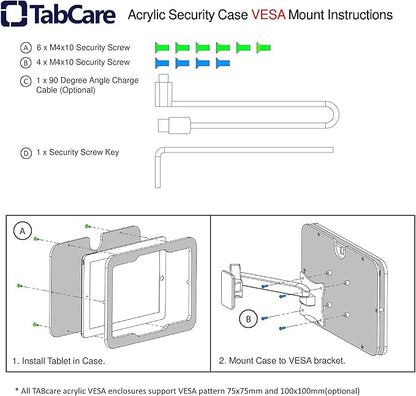 TABcare Anti-Theft Acrylic VESA Enclosure for Apple iPad Mini 1/2/3 with Free Wall Mount Kit & 90-Degree Angle Charge Cable (iPad Mini 1/2/3 8", Clear)