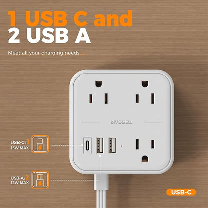 Extension Cord with Multiple Outlets 5 FT, TESSAN Small Flat Plug Power Strip with 3 USB (1 USB C) and 3 AC, Surge Protector Charging Station for Office, School, Dorm Room Essentials, White