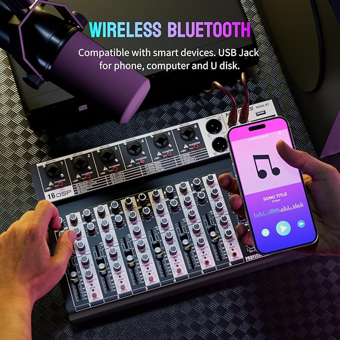 Professional Audio Mixer,6 Channel Audio Interface Sound Board Mixing Console System with Monitor,16 DSP DJ Bluetooth Mixer Reverb Effect +48V Phantom For Karaoke Studio Streaming Recording