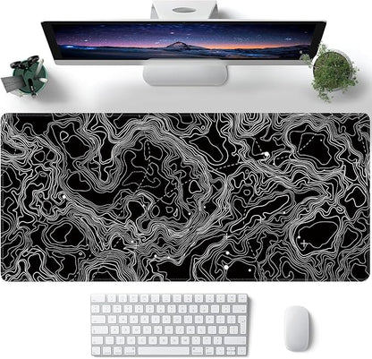 Black with White Topographic Line Large Mouse Pad,Gaming Keyboard Desk Pad,Extended Mouse Mat Non-Slip Rubber Base with Stitched Edges for Office Game Home XXL 35.4"x15.7"