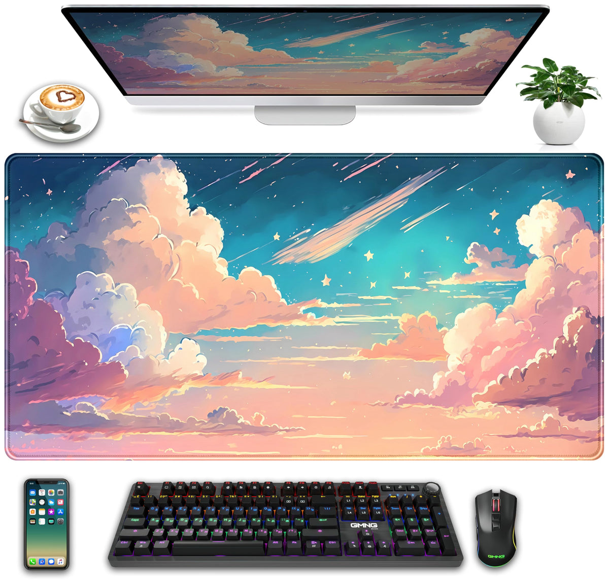 Cool Purple Kawaii Anime Moom Cat Desk Mat XXL Large Gaming Mouse Pad, Cute City Cats Desk Pad for Gamer Girl Women Office Desk Decor Mousepad, Computer Laptop Keyboard and Mouse Mat 31.5x15.75 in