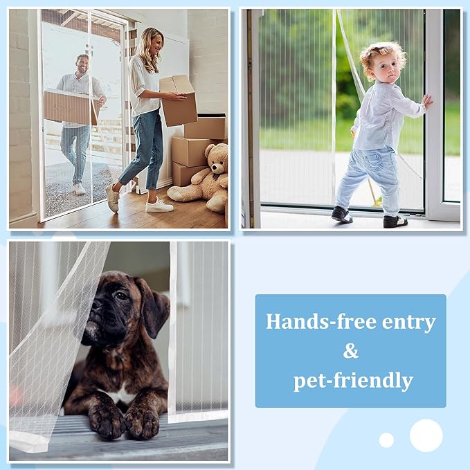 Magnetic Screen Door - Self Sealing, Heavy Duty, Hands Free Mesh Partition Keeps Bugs Out Let Breeze in- Pet and Kid Friendly - Keep Open Feature (White, Fit Door Size 36 x 96 Inch)