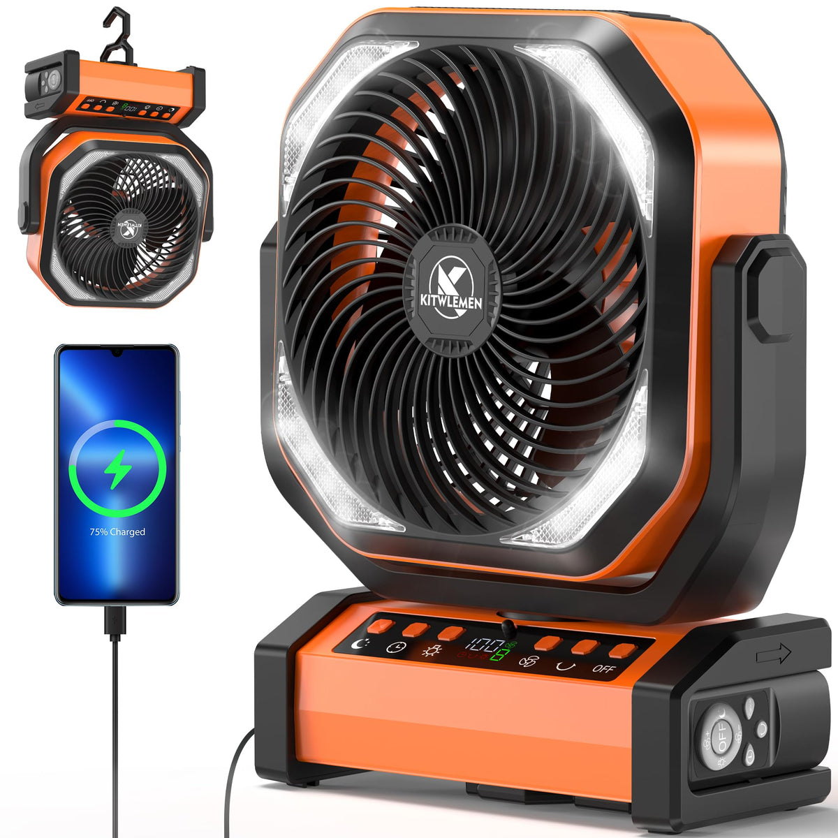 Camping Fan with Light - 20000mAh Rechargeable Battery Tent Fan, 112Hrs Max, 8 Speeds, Digital Display, Timer, Auto Oscillation, 270° Pivot & Hook for Garage, RV, Hurricane, Co-Branded with AMACOOL