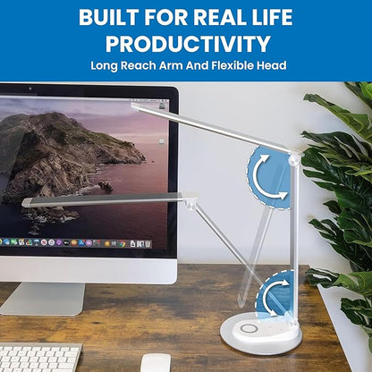 Mount-It! LED Desk Lamp with Wireless Charger and USB-C Charging Port, Dimmable Desk Lamp with 25 Brightness and Color Modes, for Home or Office, Adjustable Arm, Silver/White