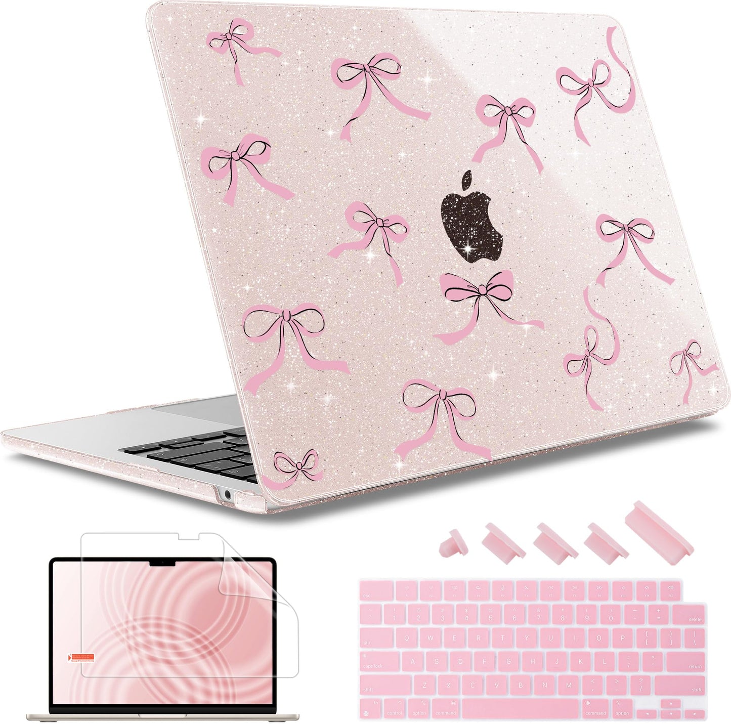 May Chen Case for MacBook Air 13/13.6 inch M5 A3449 M4 A3240 M3 A3113 M2 A2681, 2026 2025 2024-2022, Plastic Hard Shell with Keyboard Cover & Screec Protector, Sakura Pink Glitter Bow