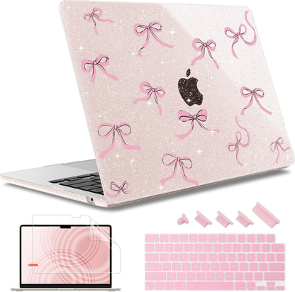 May Chen Case for MacBook Air 13/13.6 inch M5 A3449 M4 A3240 M3 A3113 M2 A2681, 2026 2025 2024-2022, Plastic Hard Shell with Keyboard Cover & Screec Protector, Sakura Pink Glitter Bow
