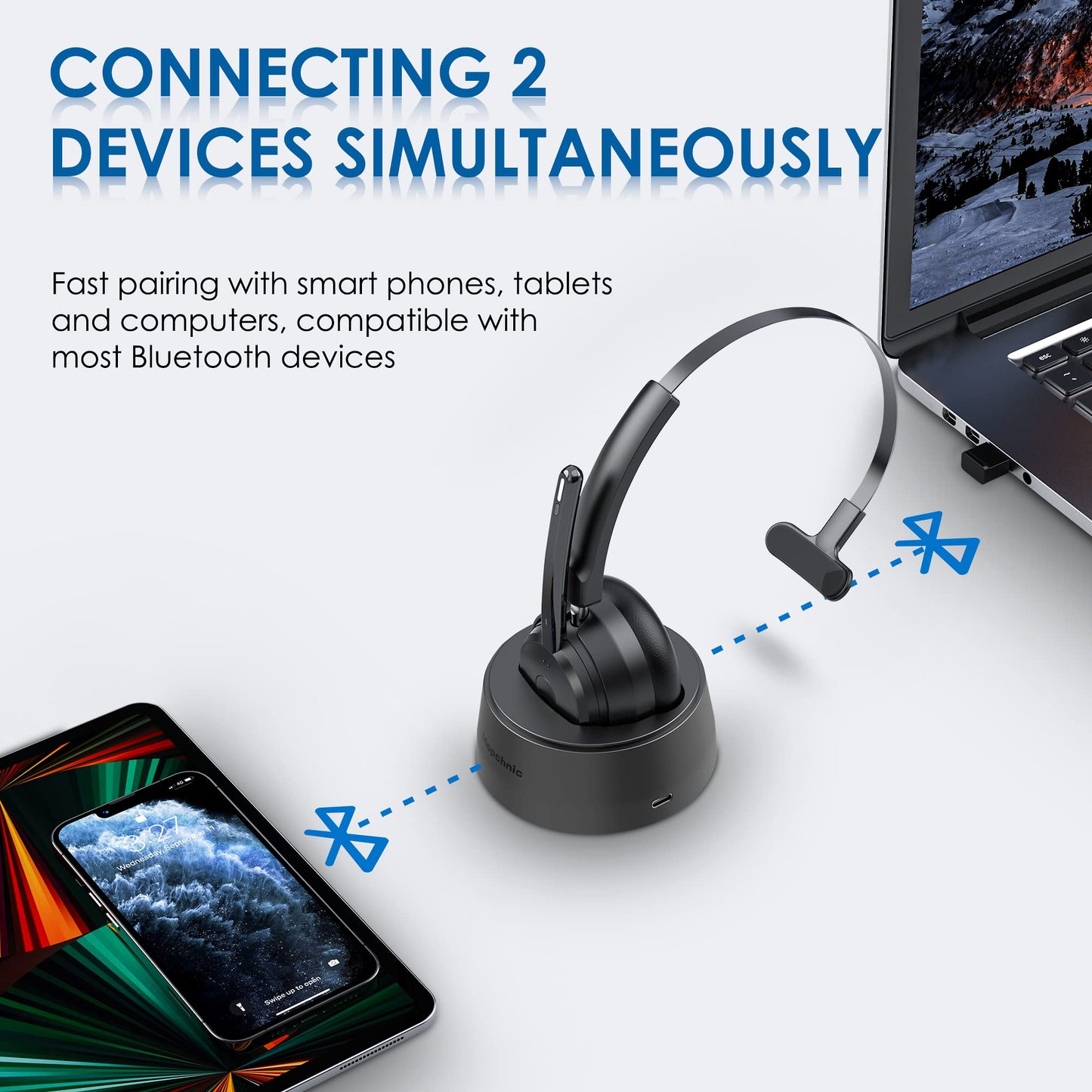 Mopchnic Bluetooth Headset, Wireless Headphone with Microphone for Computer, On Ear Bluetooth Headset with USB Dongle for Office Call Center Skype Zoom Meeting Online Class (Gray)