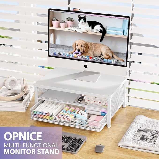 Desk Organizers and Accessories, 2-Tier Computer Monitor Stand Riser with Drawer, Laptop Stand, Office Desk Accessories, Workspace Desktop Organizer for Office Supplies, White