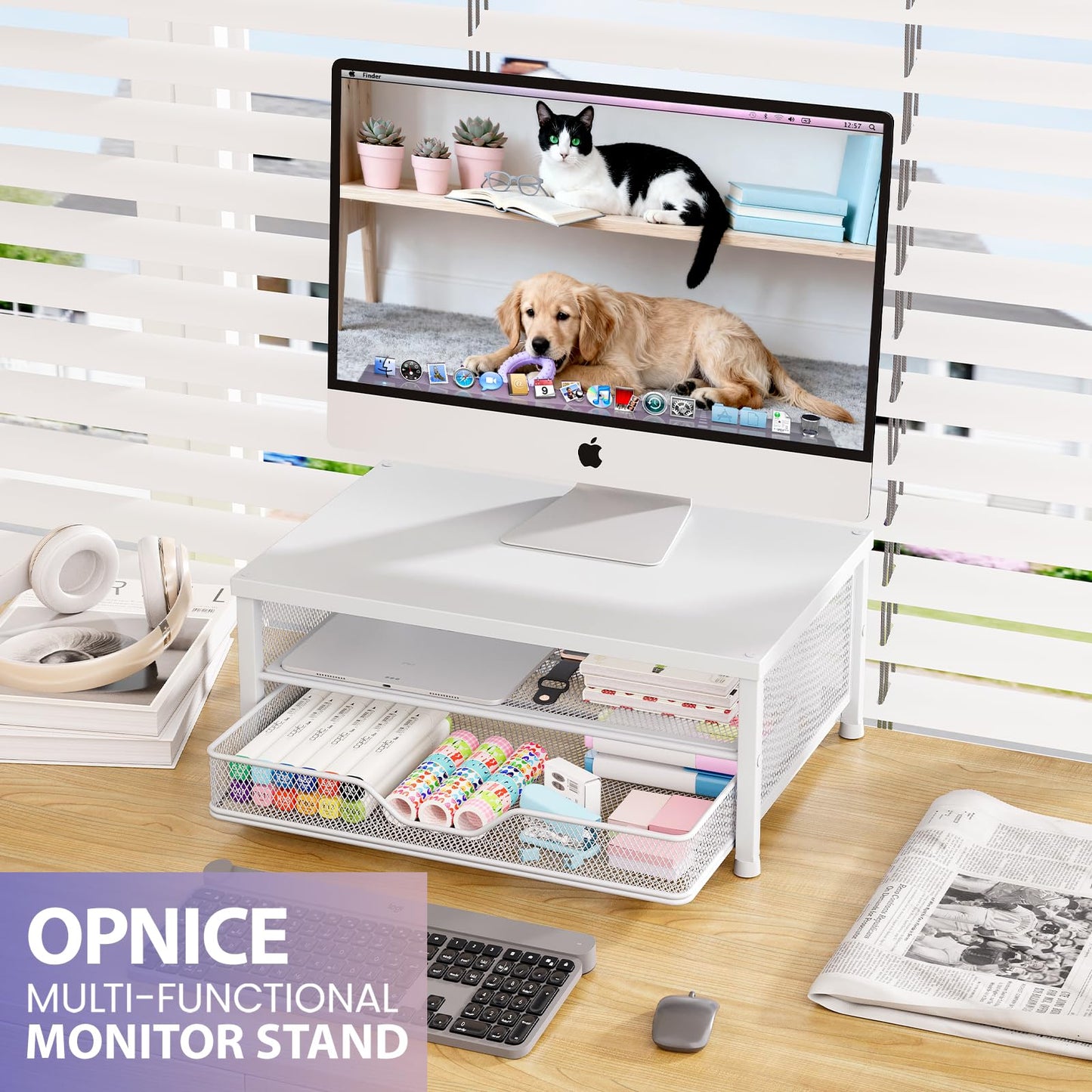 OPNICE Computer Monitor Stand Riser, Desk Organizer with Drawer, Printer & Laptop Stand, Office Desk Accessories & Workspace Desktop Organizers Storage for Office Supplies(White)