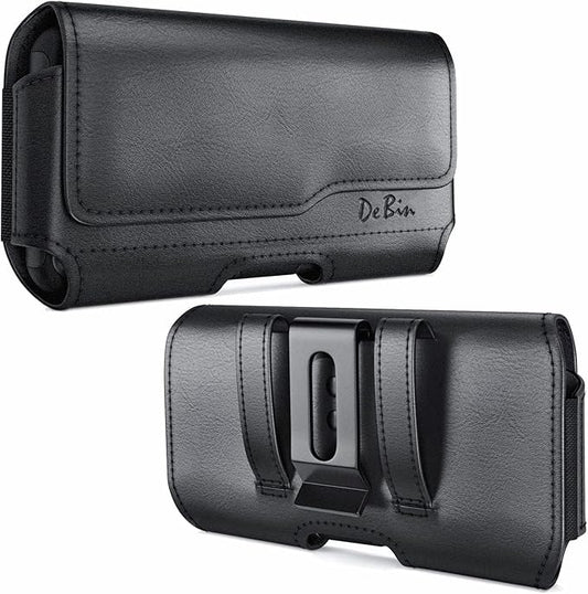 DeBin Holster for Large iPhone Plus, Pro Max Models 16 15 14 13 12 11 Xs Max – Leather Cell Phone Belt Holder Case with Clip, Carrying Pouch Cover Fits Phone with Case on, Black