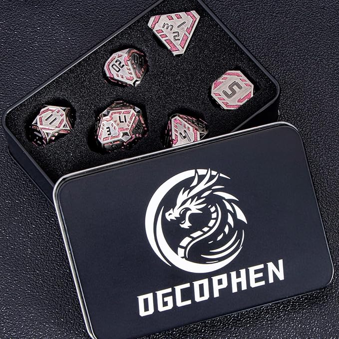 Metal DND Sci-fi Dice Set 7PCS Stripe Polyhedral Dice for Dungeons Dragons RPG Role Playing Game, Glitter D and D Dice with Gift Box D6 D8 D10 D12 D20 (Grey&Purple Red)