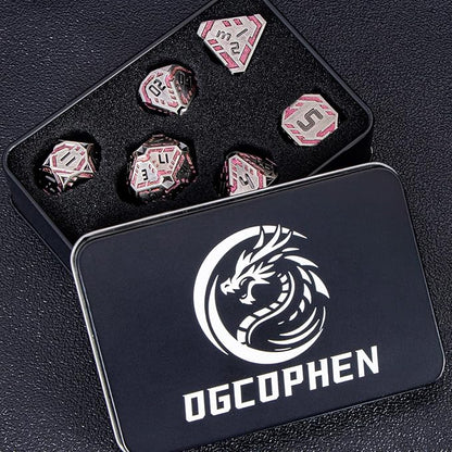 Metal DND Sci-fi Dice Set 7PCS Stripe Polyhedral Dice for Dungeons Dragons RPG Role Playing Game, Glitter D and D Dice with Gift Box D6 D8 D10 D12 D20 (Grey&Purple Red)