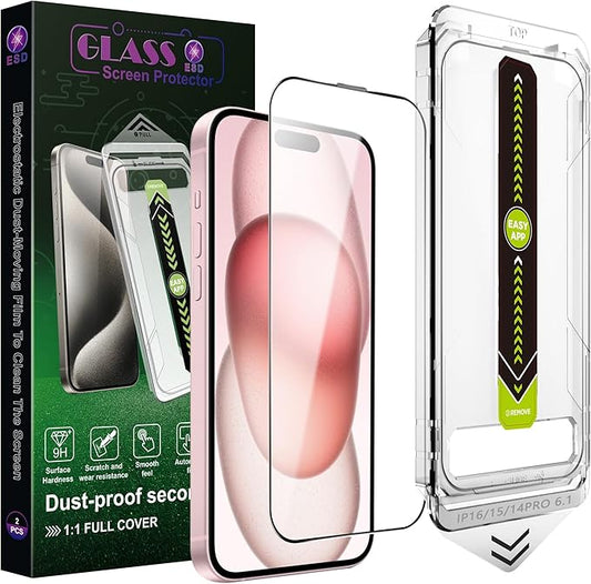 SY SHANGYAN 2 Pack Ultra HD Clear Screen Protector for iPhone 14 Pro/15/16 (6.1-Inch),9H Tempered Glass,Full Coverage,Anti-Fingerprint,Auto Dust Removal,Bubble-Free,Easy Installation