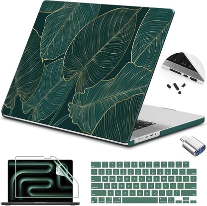 Teryeefi Pattern Case for MacBook Pro 14 inch Case 2025-2021 M4 M3 M2 M1 Pro/Max, Fit Model A3401 A3112 A2992 A2918 A2779 A2442 Protective Hard Shell +Keyboard Cover+Screen Protector - Green Leaf