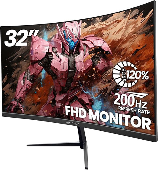 CRUA 32" FHD 200Hz Curved Gaming Monitor, 1800R, AMD FreeSync, Black