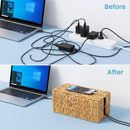 efluky 2 Pack Water Hyacinth Floor Cord Covers with Lid, Hand-woven Cable Management Box, 2 Open Slots Cord Box to to Hide USB Wire, Power Strip & Charger for Home & Office and Dorm, Natural