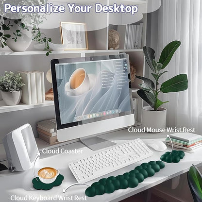 Cloud Wrist Rest for Keyboard and Mouse, Memory Foam PU Leather Keyboard Wrist Rest with Ergonomic Support, Non-Slip Base, Cute Arm Rest Pad & Palm Cushion, Office Desk Accessory, Dark Green
