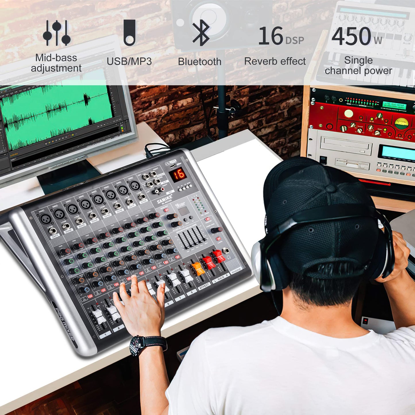 Mixers Audio 8 Channel Mixer Power Mixer Amplifier 2 * 300 Watt Output Dj Mixer Board with 16 Kinds of DSP Reverb Sound Mixers for Speakers